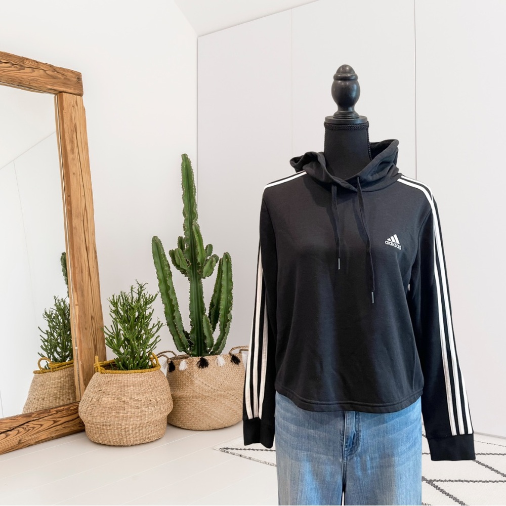 Adidas Logo Striped Sleeve Hoodie Sweatshirt